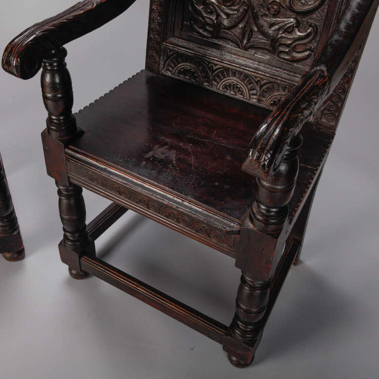 Pair of 19th Century English Dark Oak Carved Dragon Armchairs In Good Condition In Troy, MI