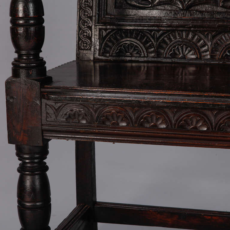 Pair of 19th Century English Dark Oak Carved Dragon Armchairs 1