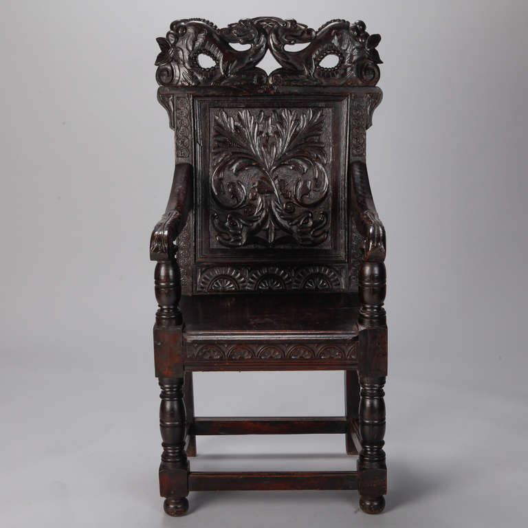 Pair of 19th Century English Dark Oak Carved Dragon Armchairs 2