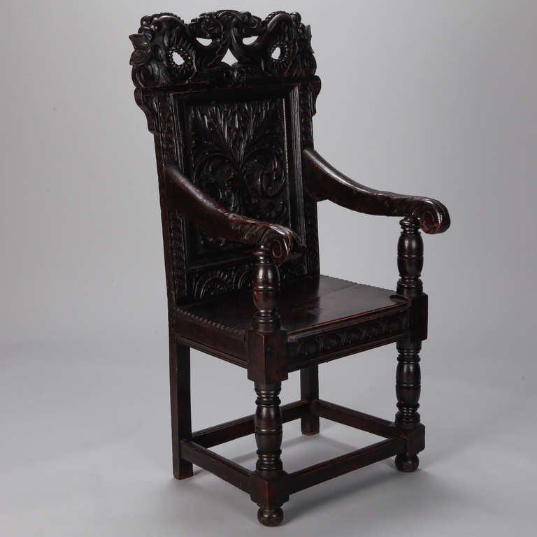 Pair of 19th Century English Dark Oak Carved Dragon Armchairs 3