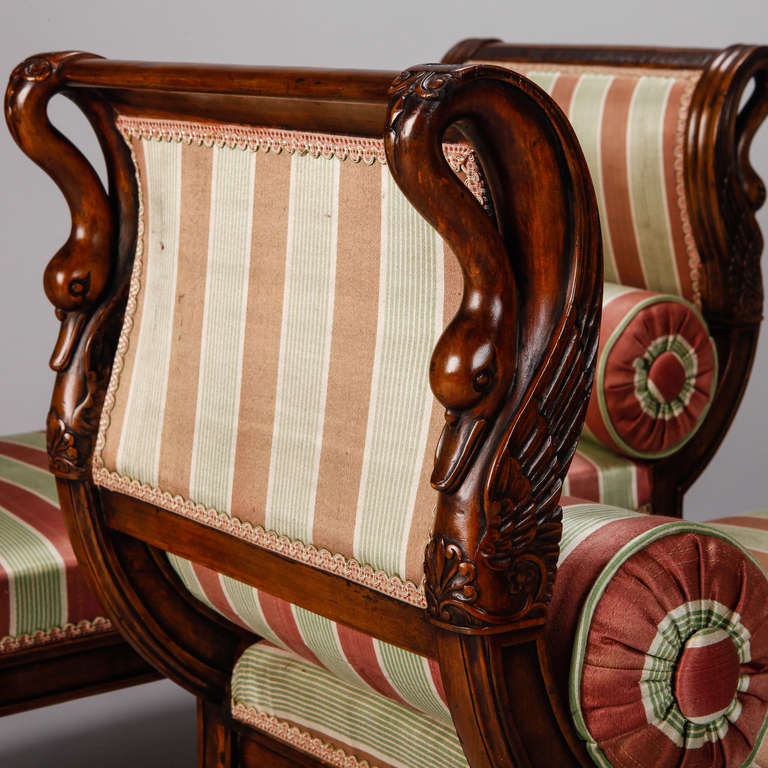 20th Century Pair of French Empire Style Upholstered Swan Benches