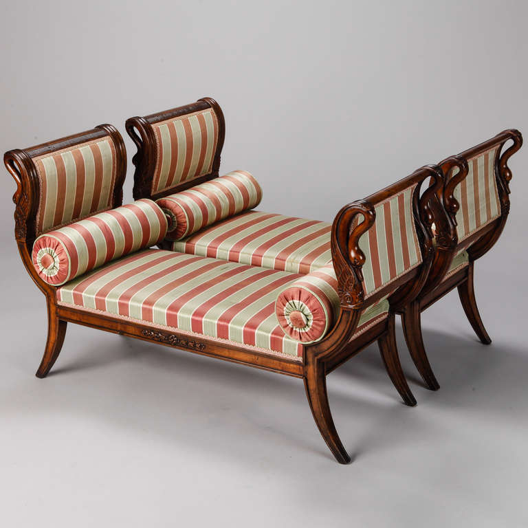 Pair of French Empire Style Upholstered Swan Benches In Good Condition In Troy, MI