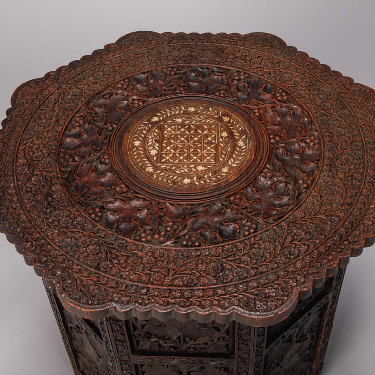 Octagonal Delicately Carved, Dark Wood Moorish Table In Good Condition In Troy, MI