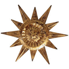Mid Century Spanish Gilt Metal Sunburst Light Fixture