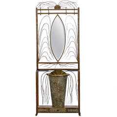 Art Deco Hammered Brass Hall Tree with Mirror and Umbrella Stand