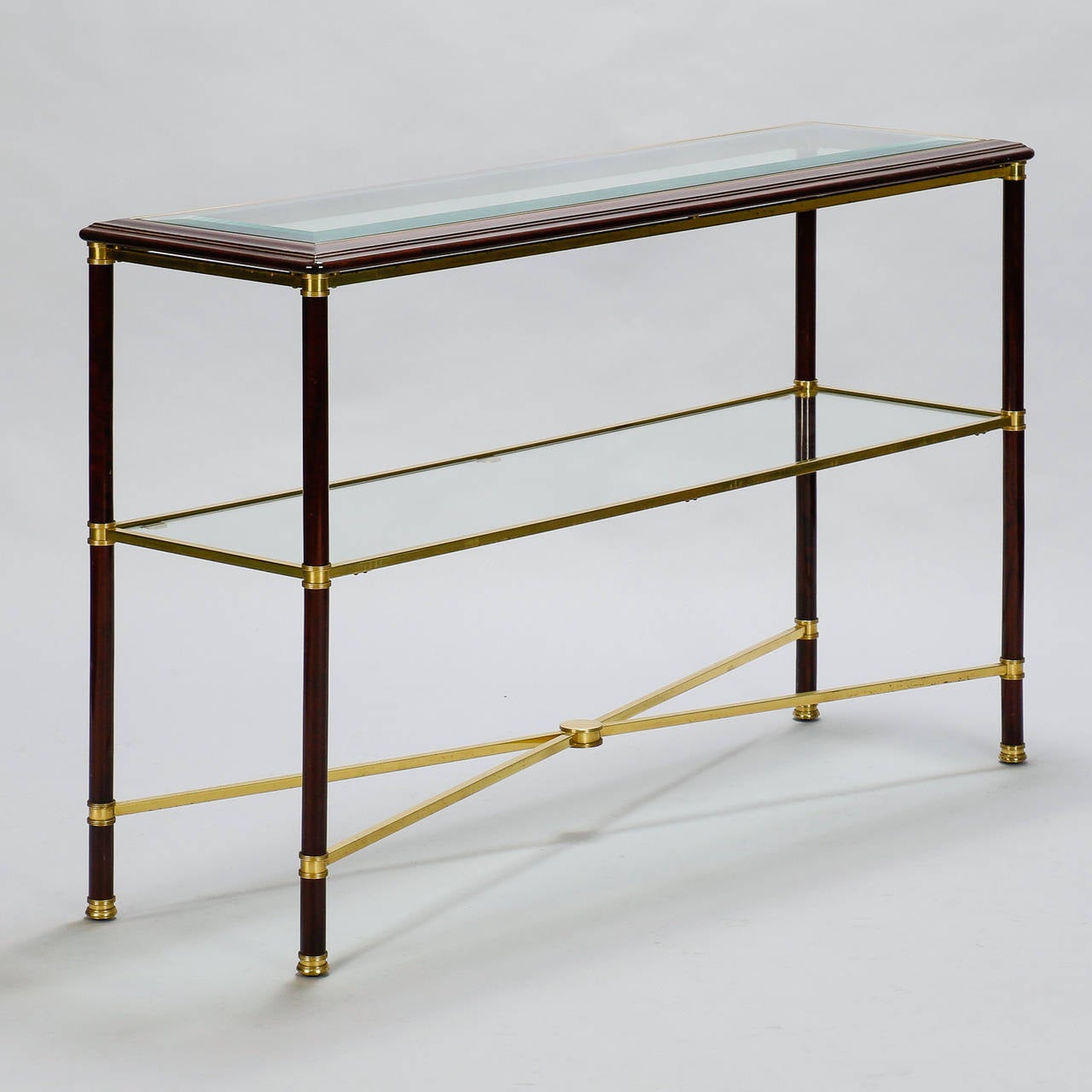 Mid Century Glass Brass and Mahogany Console In Excellent Condition In Troy, MI