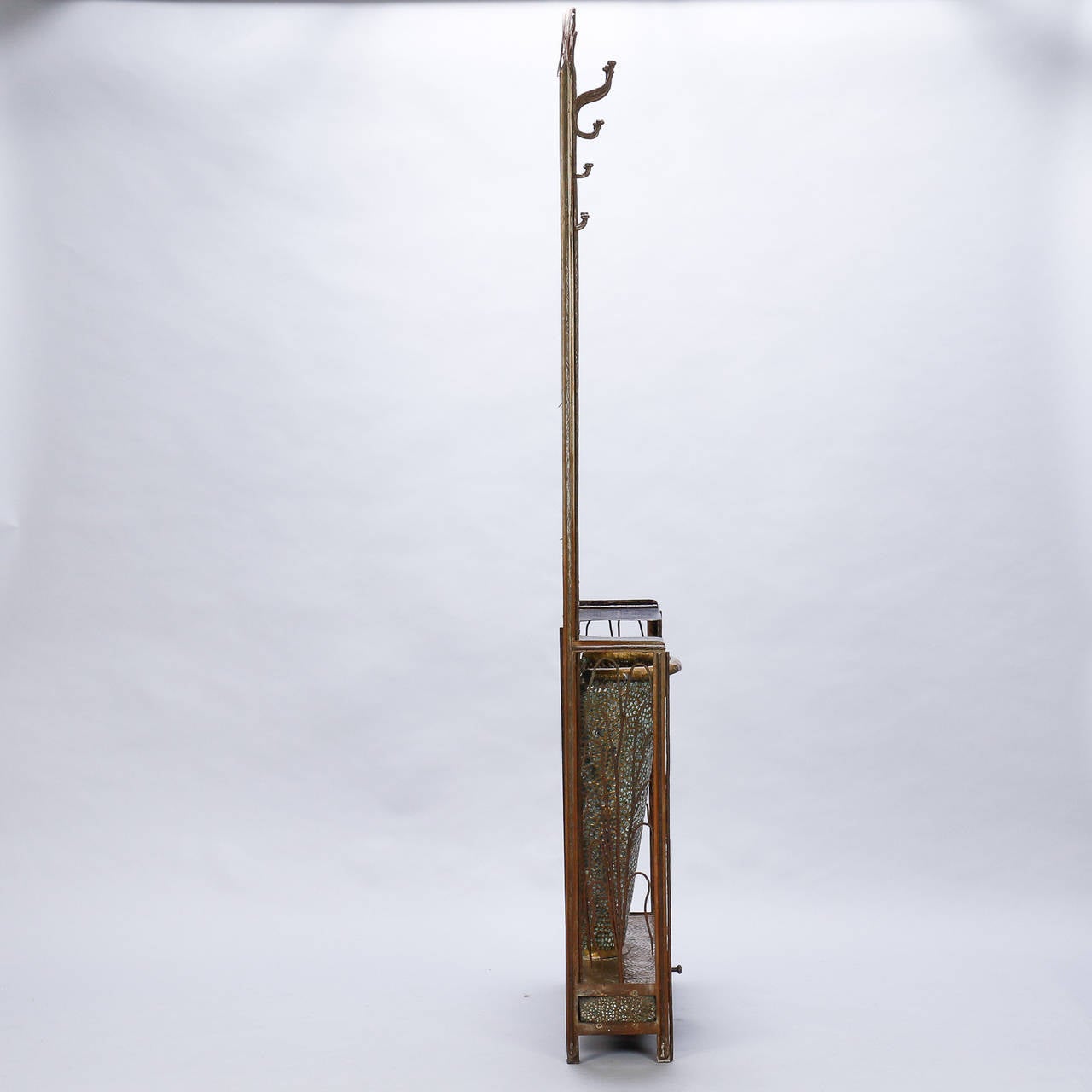 Art Deco Hammered Brass Hall Tree with Mirror and Umbrella Stand 4
