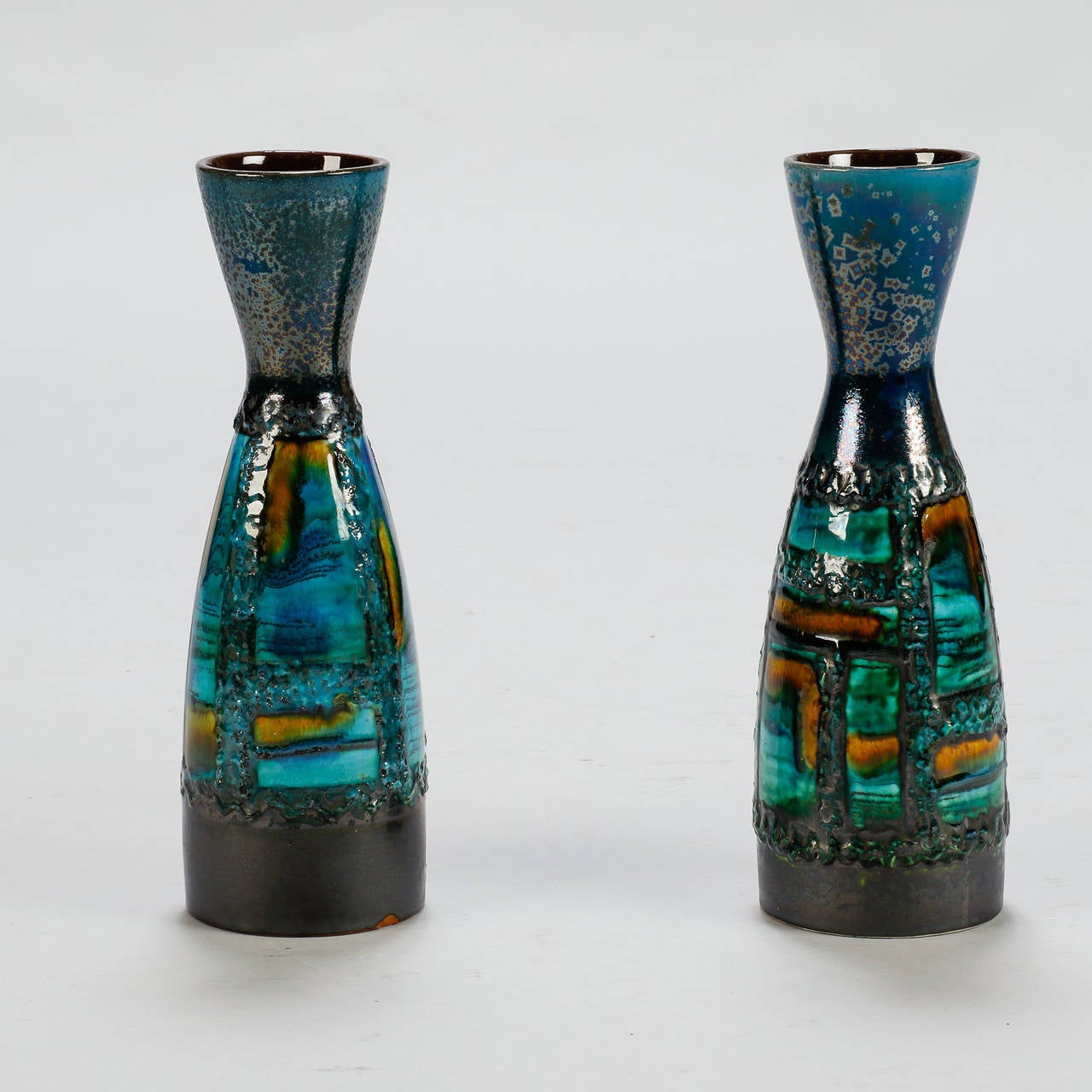 Mid-Century Modern Pair of Mid Century Carstens of Germany Vases in Blue, Green and Gold Glaze