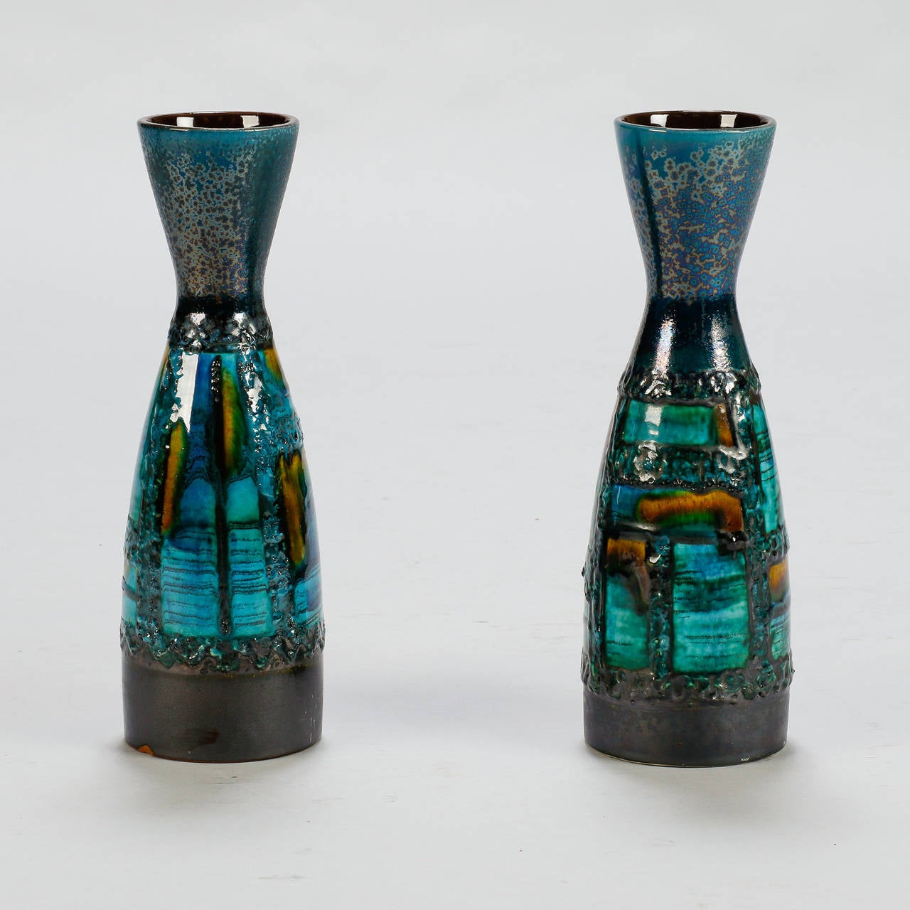 Glazed Pair of Mid Century Carstens of Germany Vases in Blue, Green and Gold Glaze