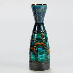 Pair of Mid Century Carstens of Germany Vases in Blue, Green and Gold Glaze