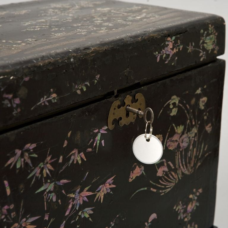 Wood Black Enamel and Mother of Pearl Chinese Box on Stand