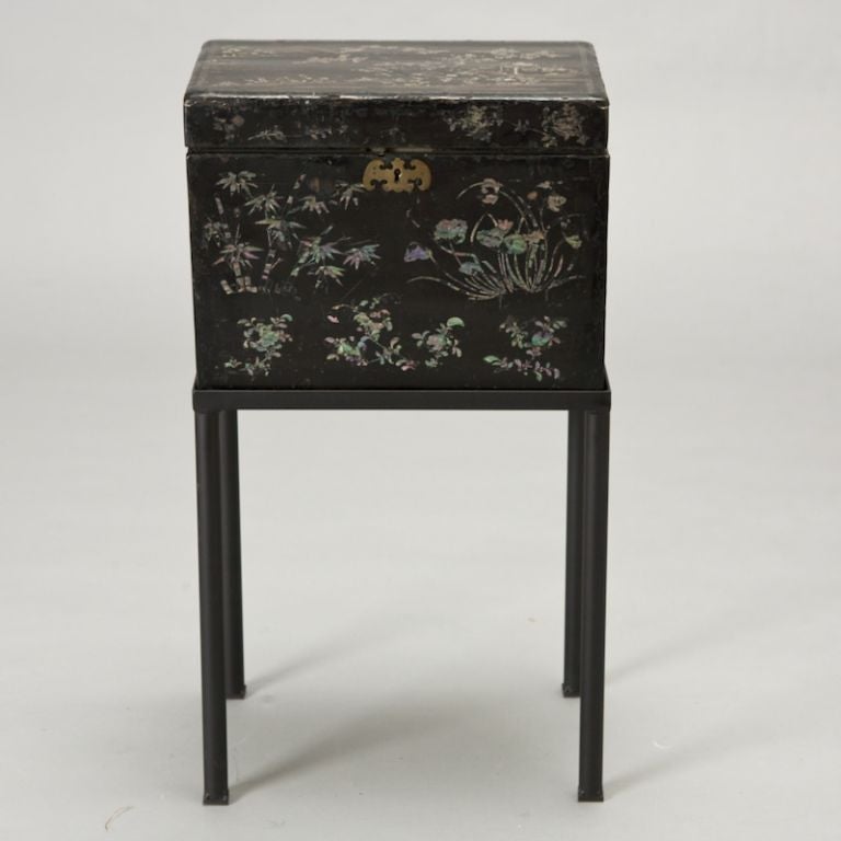 Black Enamel and Mother of Pearl Chinese Box on Stand 2