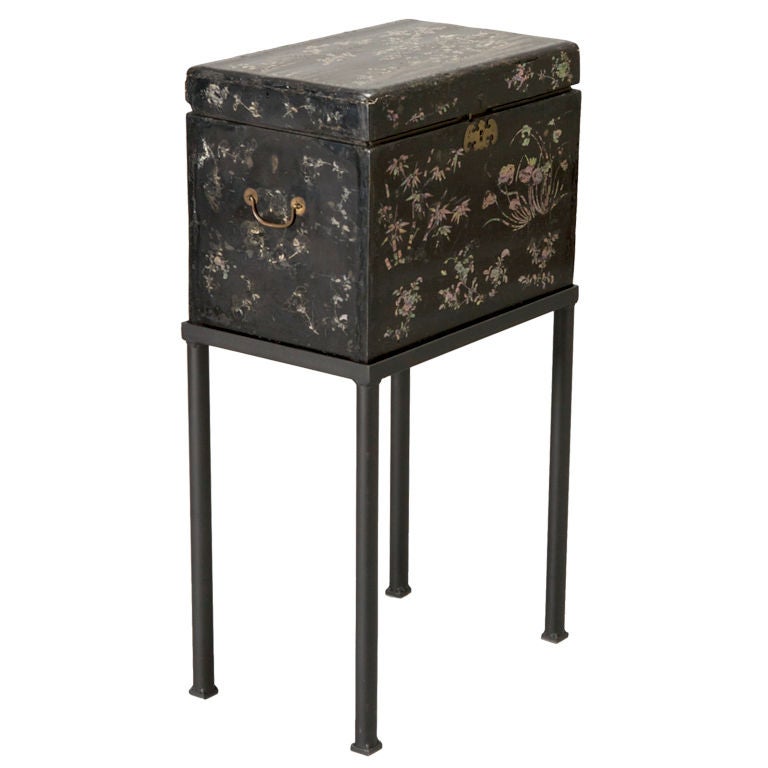 Black Enamel and Mother of Pearl Chinese Box on Stand