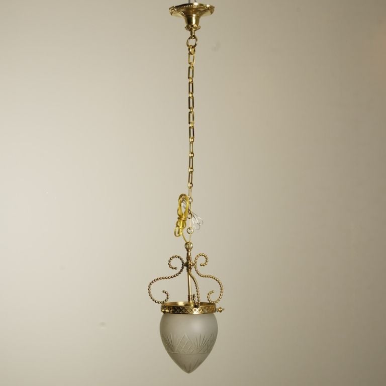 Hanging Bronze and Glass Lantern with Twisted Arm In Excellent Condition In Troy, MI