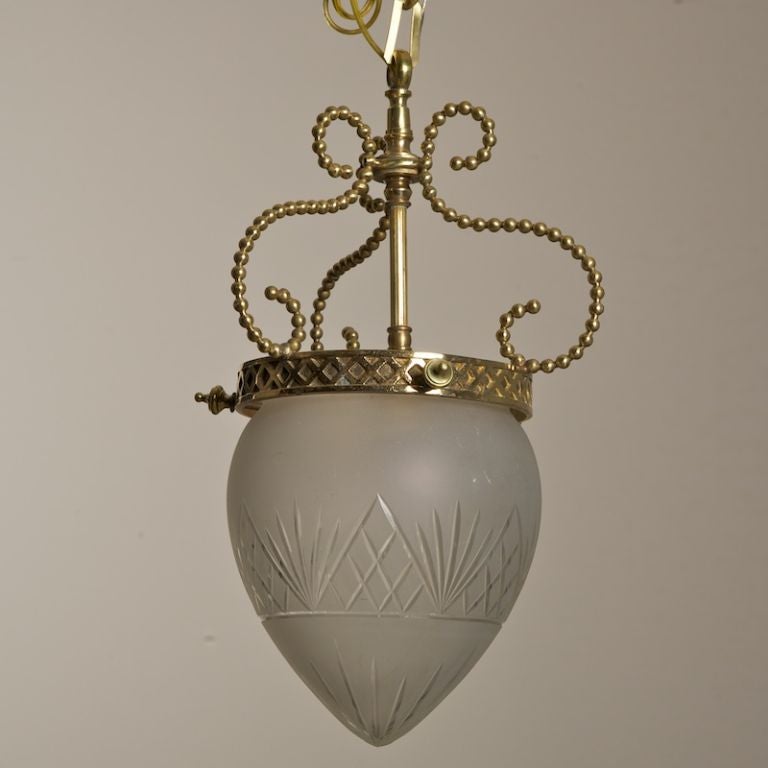 Brass Hanging Bronze and Glass Lantern with Twisted Arm