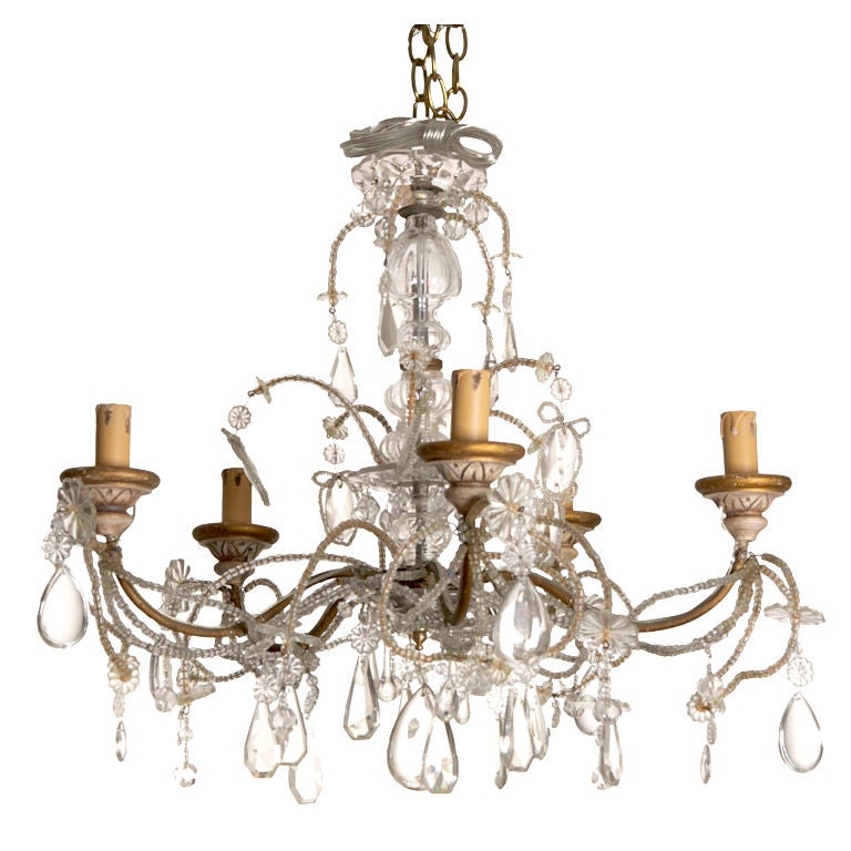 Five-Arm Beaded Chandelier with Carved Wooden Bobeches