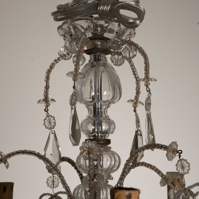 French Five-Arm Beaded Chandelier with Carved Wooden Bobeches