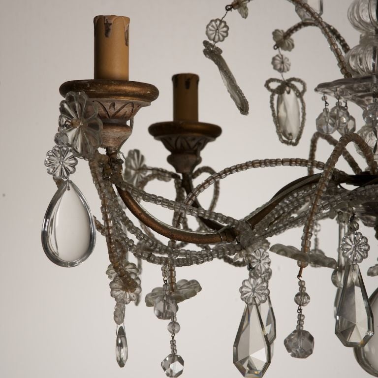 Five-Arm Beaded Chandelier with Carved Wooden Bobeches In Excellent Condition In Troy, MI