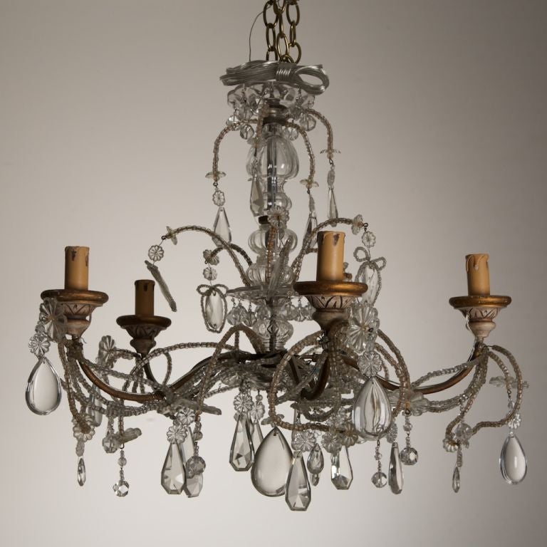 20th Century Five-Arm Beaded Chandelier with Carved Wooden Bobeches