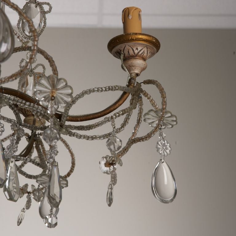 Crystal Five-Arm Beaded Chandelier with Carved Wooden Bobeches
