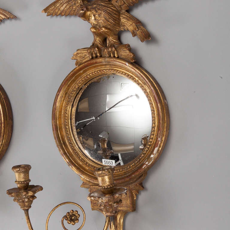 Neoclassical Pair Gild Wood 2 Light Eagle and Round Mirror Sconces