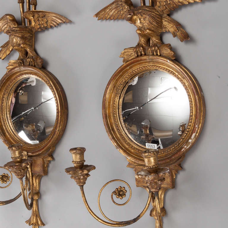 Unknown Pair Gild Wood 2 Light Eagle and Round Mirror Sconces