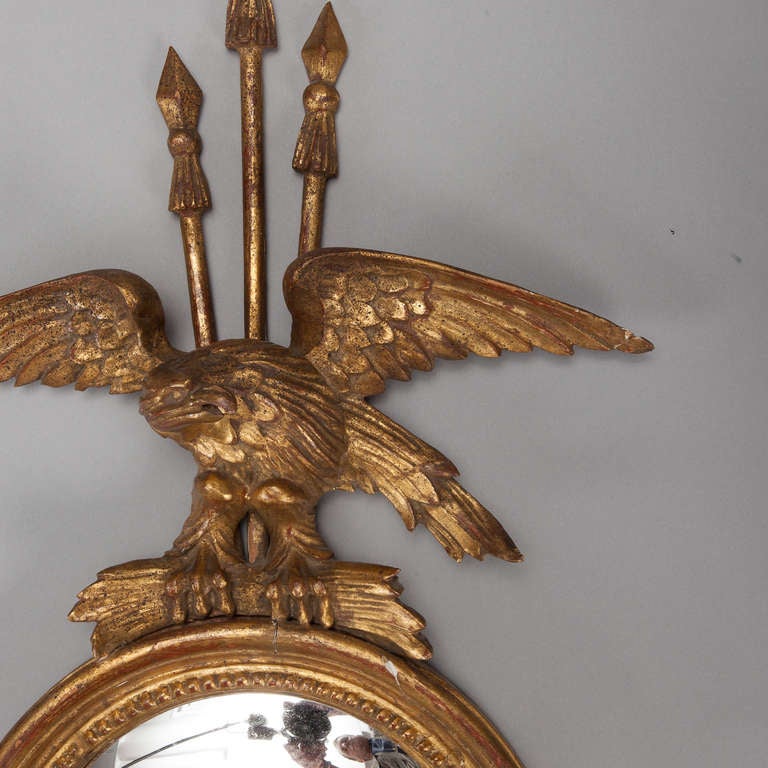Carved Pair Gild Wood 2 Light Eagle and Round Mirror Sconces