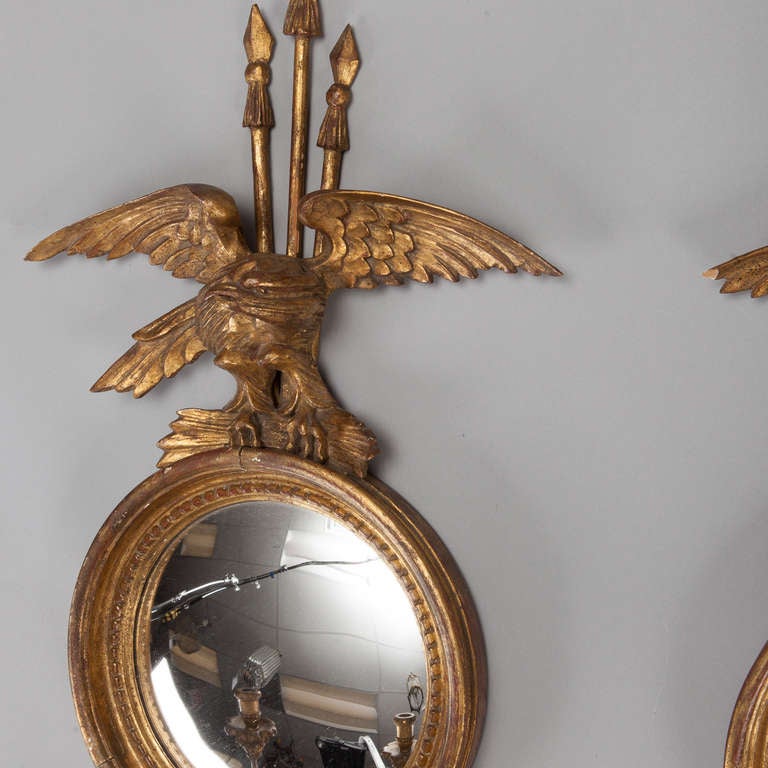 Pair Gild Wood 2 Light Eagle and Round Mirror Sconces In Excellent Condition In Troy, MI