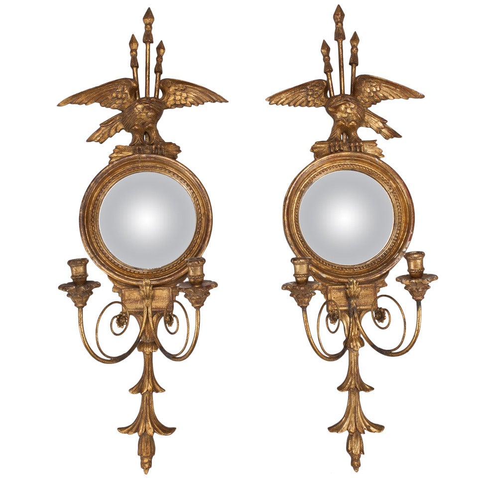 Pair Gild Wood 2 Light Eagle and Round Mirror Sconces