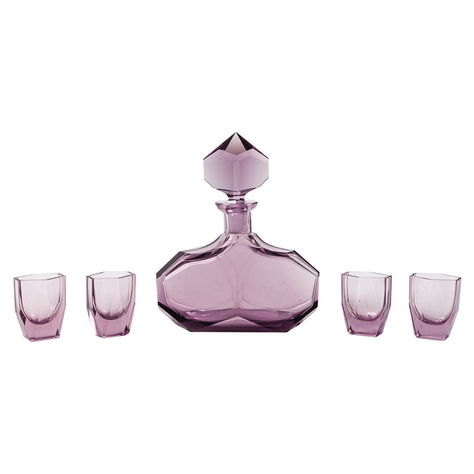 Large Amethyst Glass, Art Deco Decanter and Glasses