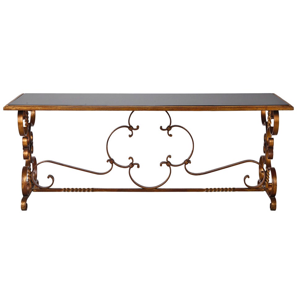 Italian Gilt Iron and Black Glass Cocktail or Coffee Table For Sale