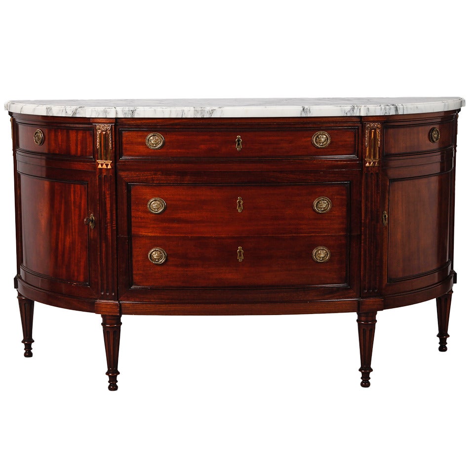 Directoire Style, Walnut Demilune Chest with White and Gray Marble Top
