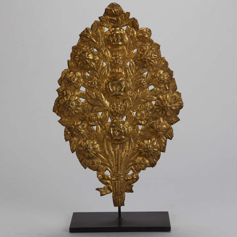 Circa 1880s Italian brass tone decorative metal piece mounted on custom black iron stand.