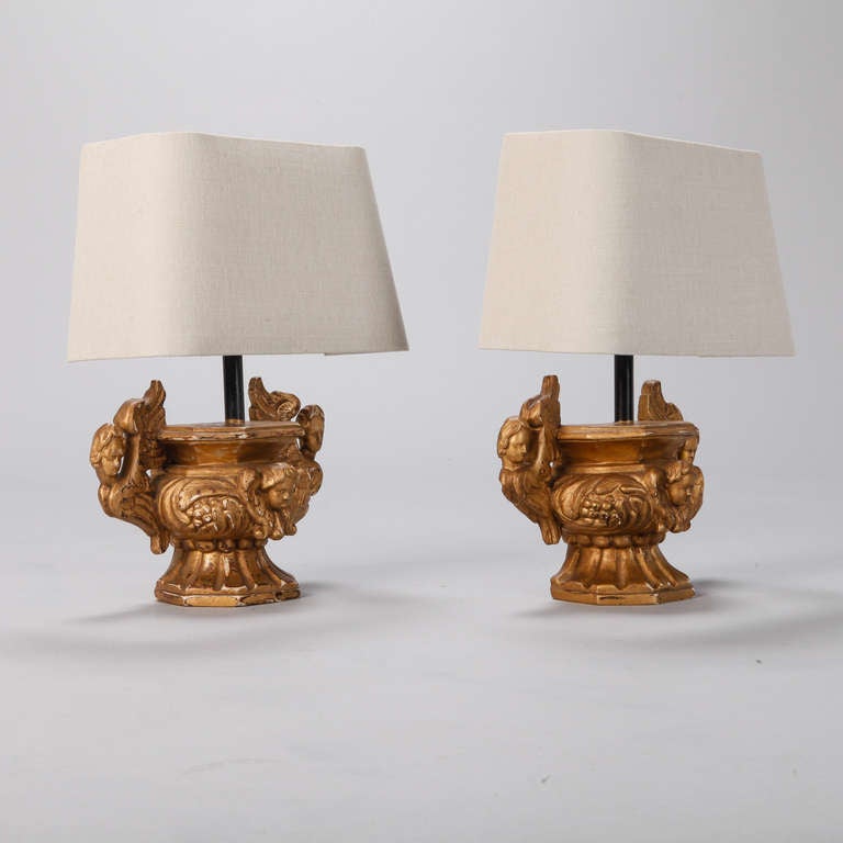 Italian Pair of Gilded Wood Lamps Made from Architectural Balustrades with Angels