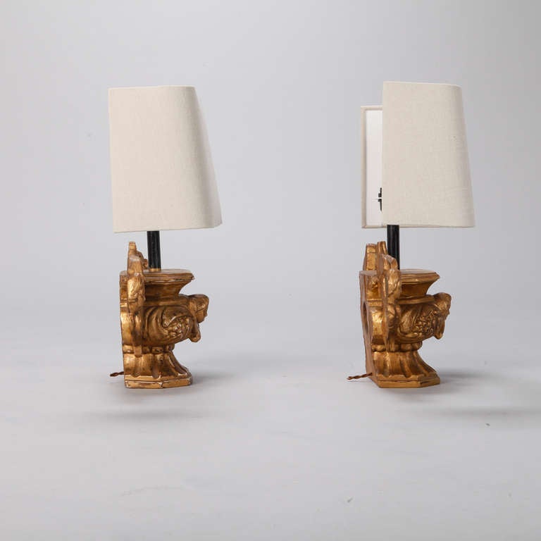 Pair of Gilded Wood Lamps Made from Architectural Balustrades with Angels In Excellent Condition In Troy, MI