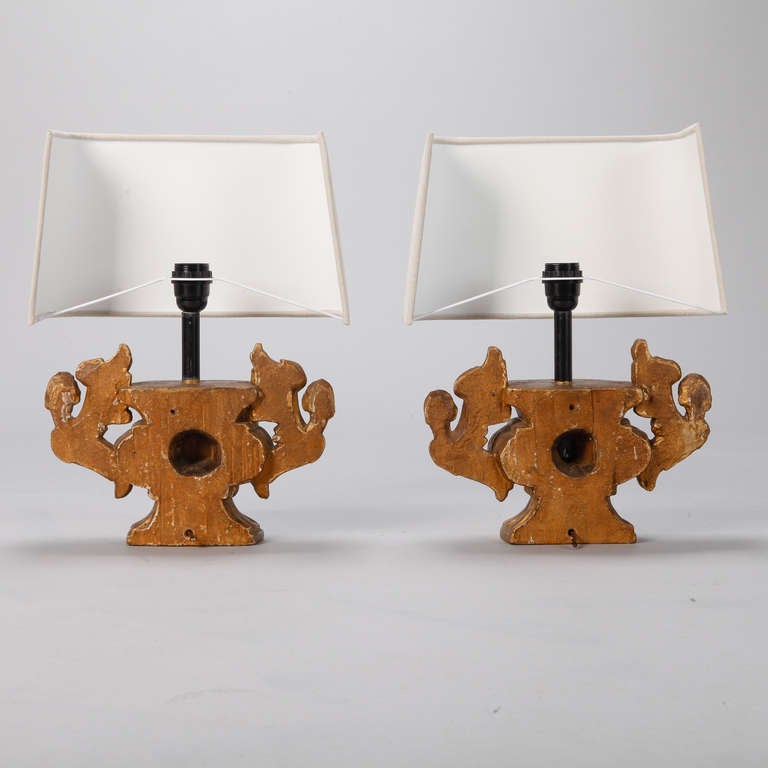 19th Century Pair of Gilded Wood Lamps Made from Architectural Balustrades with Angels