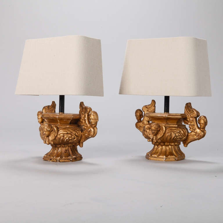 Pair of Gilded Wood Lamps Made from Architectural Balustrades with Angels 1