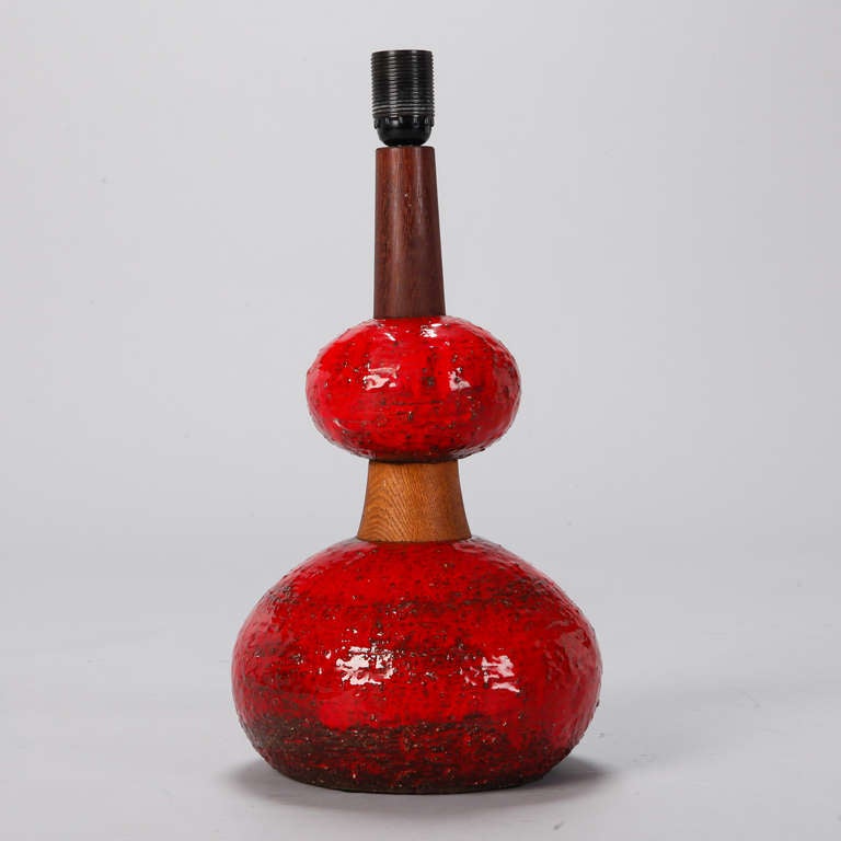 Mid-Century Modern Midcentury Red Ceramic and Walnut Lamp