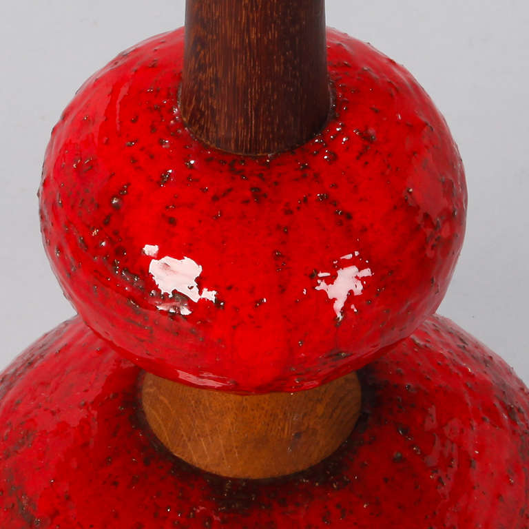 20th Century Midcentury Red Ceramic and Walnut Lamp