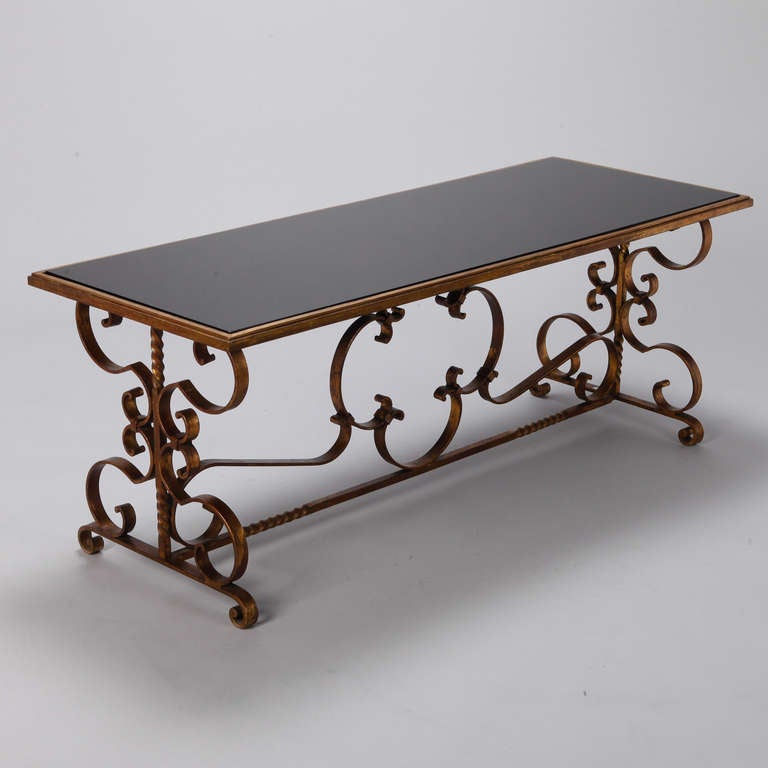 Italian Gilt Iron and Black Glass Cocktail or Coffee Table For Sale 2