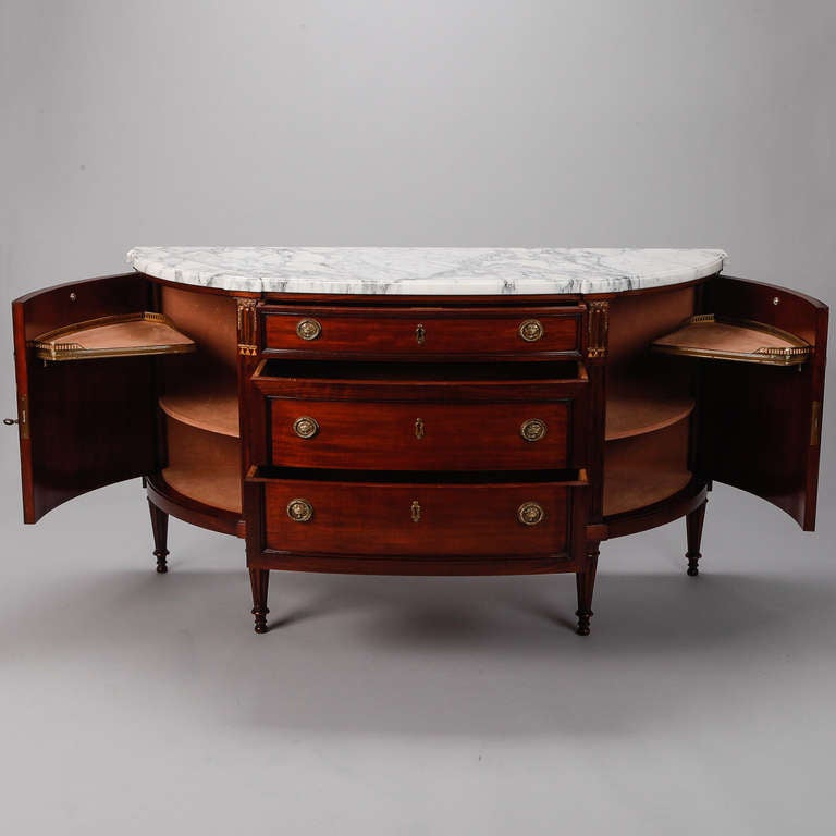 Directoire Style, Walnut Demilune Chest with White and Gray Marble Top In Excellent Condition In Troy, MI