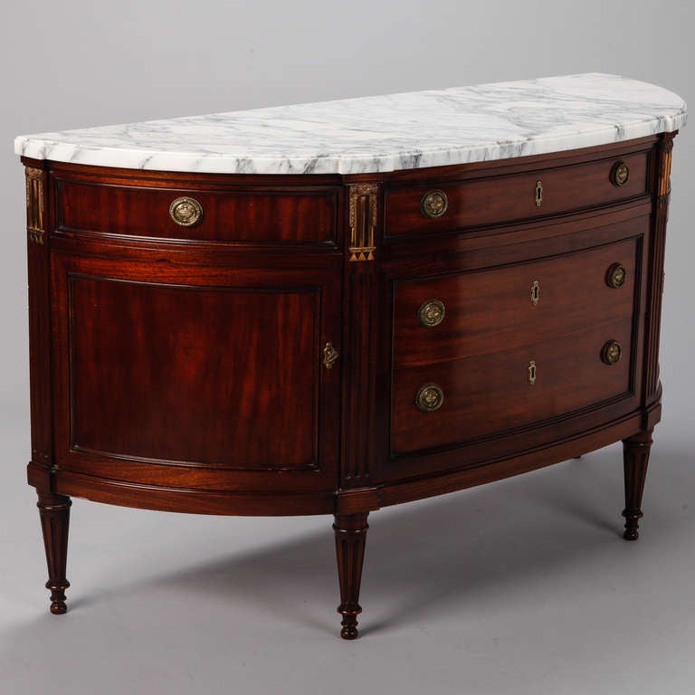 Directoire Style, Walnut Demilune Chest with White and Gray Marble Top 2