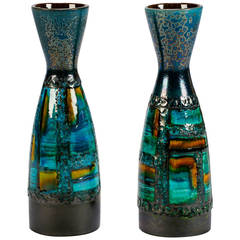Pair of Mid Century Carstens of Germany Vases in Blue, Green and Gold Glaze