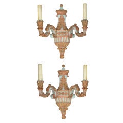 Pair French Two Light Carved and Painted Wood Sconces
