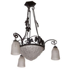 French Fer Forge and Molded Glass Chandelier