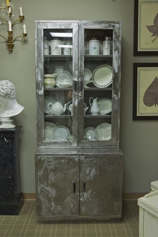 Tall Midcentury French Industrial Polished Steel and Glass Cabinet In Good Condition In Troy, MI