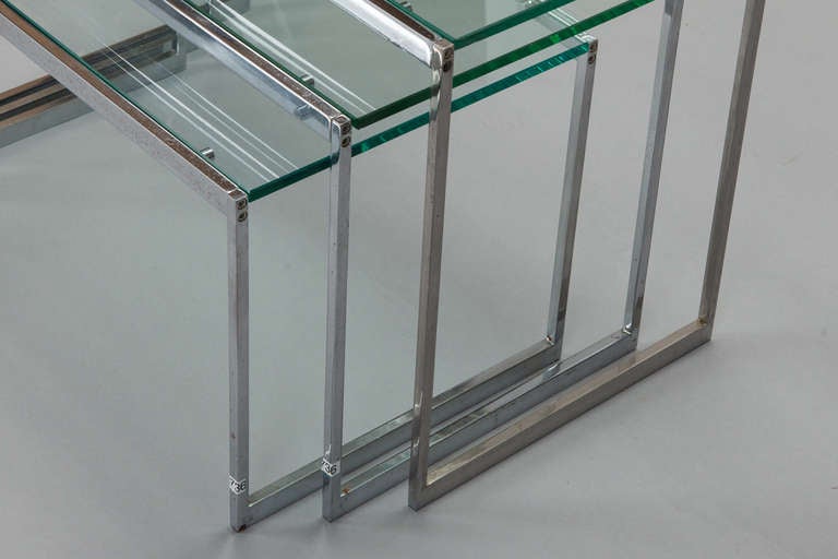 Mid-Century Modern Three Mid Century Polished Nickel and Glass Nesting Tables