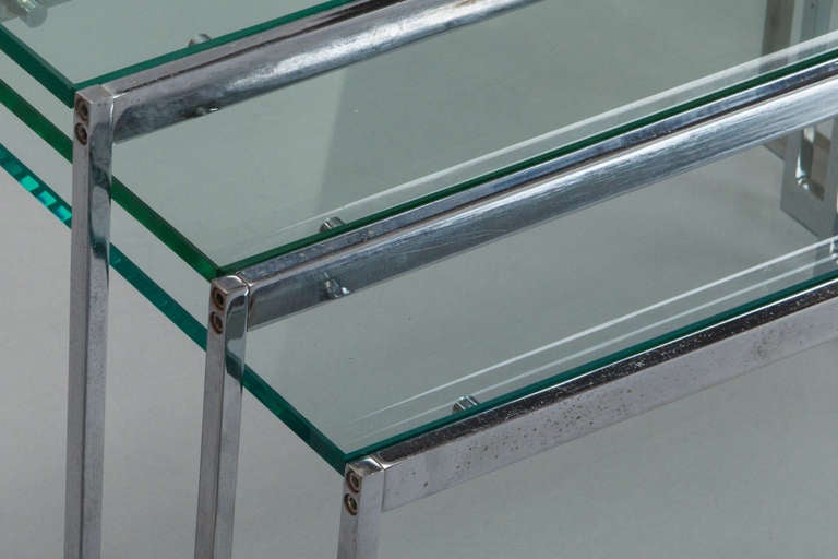 Unknown Three Mid Century Polished Nickel and Glass Nesting Tables