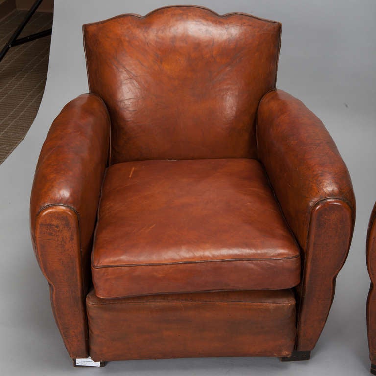 French Pair Art Deco Brown Leather Club Chairs