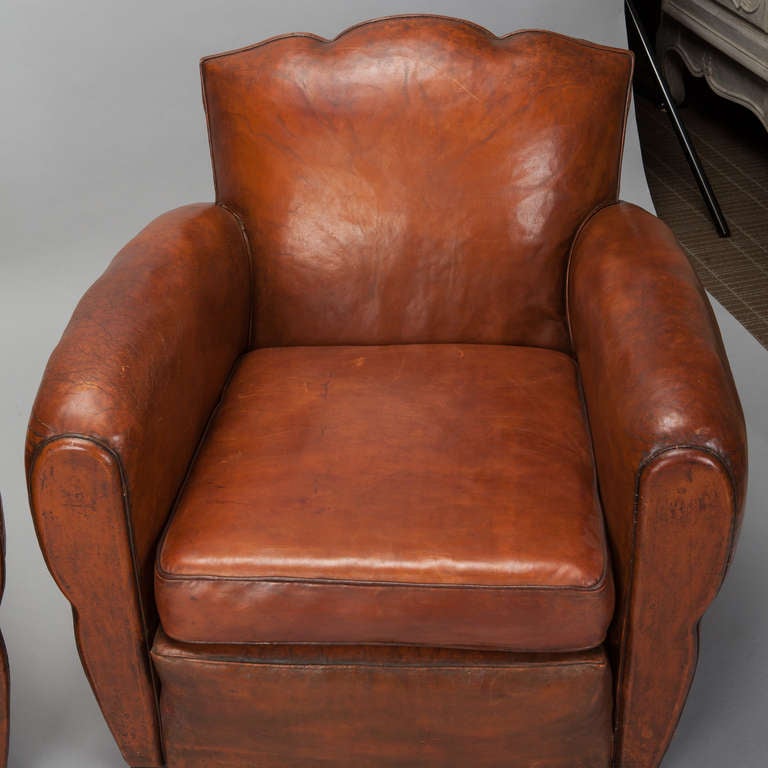 Pair Art Deco Brown Leather Club Chairs In Good Condition In Troy, MI